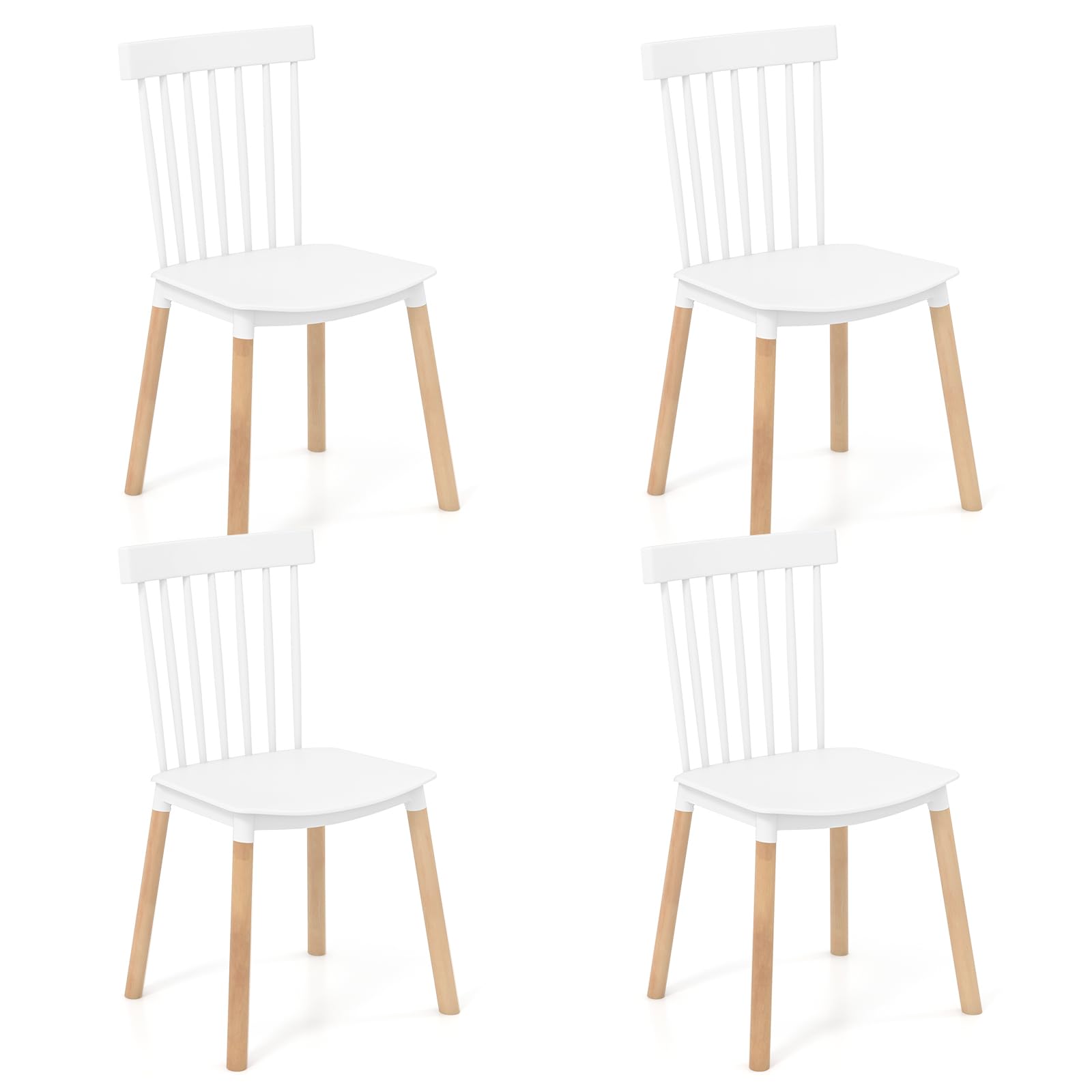 COSTWAY Windsor Dining Chairs Set of 4, Spindle Back, Curved Seats, Solid Beech Wood Legs, Non-slip Footpads, White