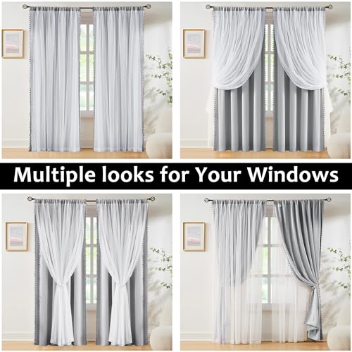 Image of Treatmentex Pom-Pom Blackout Curtains with Sheer Overlay for Living Room Bedroom Kid's Nursery Room, Grey Mix and Match Double Layer Room Darkening Window Curtain Panels with Tie Backs, 2 pcs, 52x84