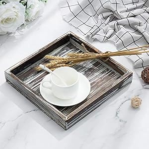 MyGift Rustic Solid Torched Wood Decorative Serving Tray, 10 Inch Square Versatile Breakfast Ottoman Coffee Table Tray Spring Tray Home Decor MyGift Rustic Solid Torched Wood Decorative Serving Tray 10 Inch Square Versatile Breakfast Ottoman Coffee Table Tray Spring Tray Home Decor