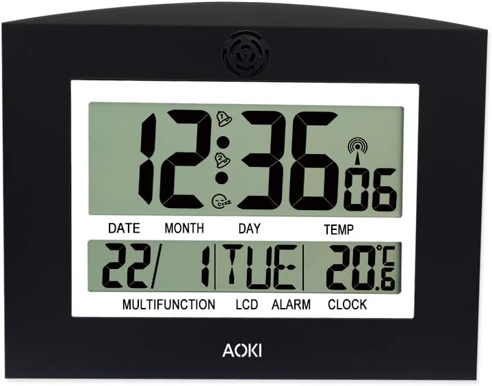 AOKI Jumbo Radio Controlled Digital Wall Clock LCD Large Display UK Ireland Table Desktop Silent Wall Clocks with Day Date Month 12 24 Hour Dual Digital Alarm Clock Temperature Snooze Black