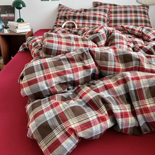 Image of LifeTB Red Brown Plaid Comforter Set Queen, 3 Pieces Vintage Checkered Grid Bed Comforter with 2 Pillowcases, Breathable Soft Comfy Farmhouse Plaid Pattern Printed Gingham Bedding Comforter Set