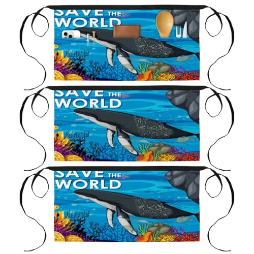 Tabliers courts de chef baleine, lot de 3 avec 3 poches pour cuisine et bistrot