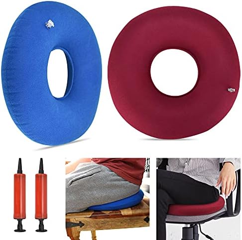 ZACUDA 2 PCS Inflatable Donut Ring Cushion, 36cm Donut Cushion for Pressure Relief, Portable Orthopaedic Pillow Seat, Hemorrhoid Pillow Ring with Air Pump for Coccyx Tailbone Pain Relief (Blue&Red)
