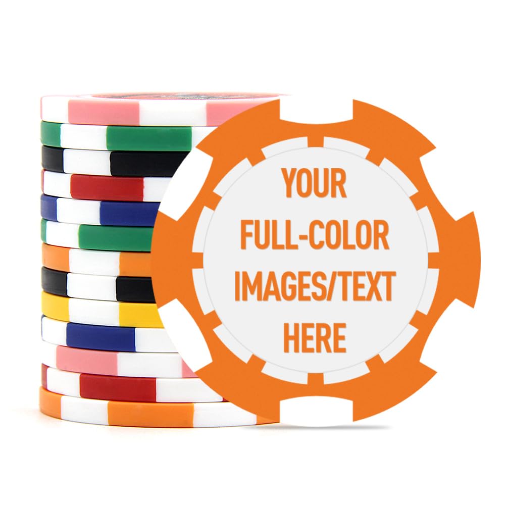 40mm Custom Poker Chips with Your Text, Logo or Design for Weddings, Anniversaries, Parties, Corporate Events and Fundraisers, 100 Full Color 11.5 Gram Casino Sized Poker Chips (Orange)