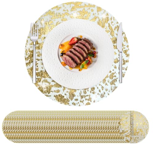 Hysenm Lot de 100 napperons jetables dorés Ultra-Fin de 33 cm Ronds en Maille pressée pour décoration de la Maison, Table à Manger, Mariage, fête...