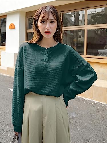 Image of Women's Waffle Button Down Neck Korean Tops for Women || Oversized t Shirts for Women || Long Sleeve Tops