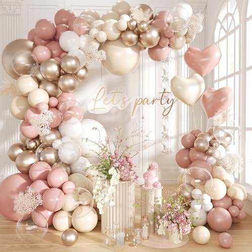 Image of Dusty Pink Balloon Arch Kit,145Pcs Retro Blush Pink Sand White Cream Neutral Metallic Champagne Gold Balloons Different Size for Baby Shower Bridal Anniversary Birthday Party Decoration