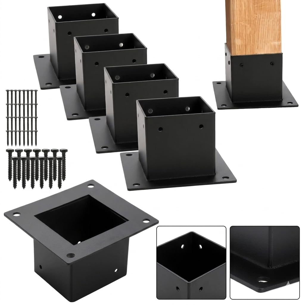 A. Y .S Heavy Duty 4x4 Post Base Brackets - 4 Pack Black Iron Floor Flange for Deck Rails & Pergolas-image-49