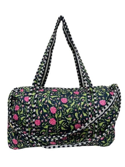 Cotton Quilted Duffel Bag with Zip Long Handle Block Printed Bag for Male & Female 100% Cotton Bag for Shopping Picnic Travel Gym Eco-Friendly for Daily Use (Black)-image-43