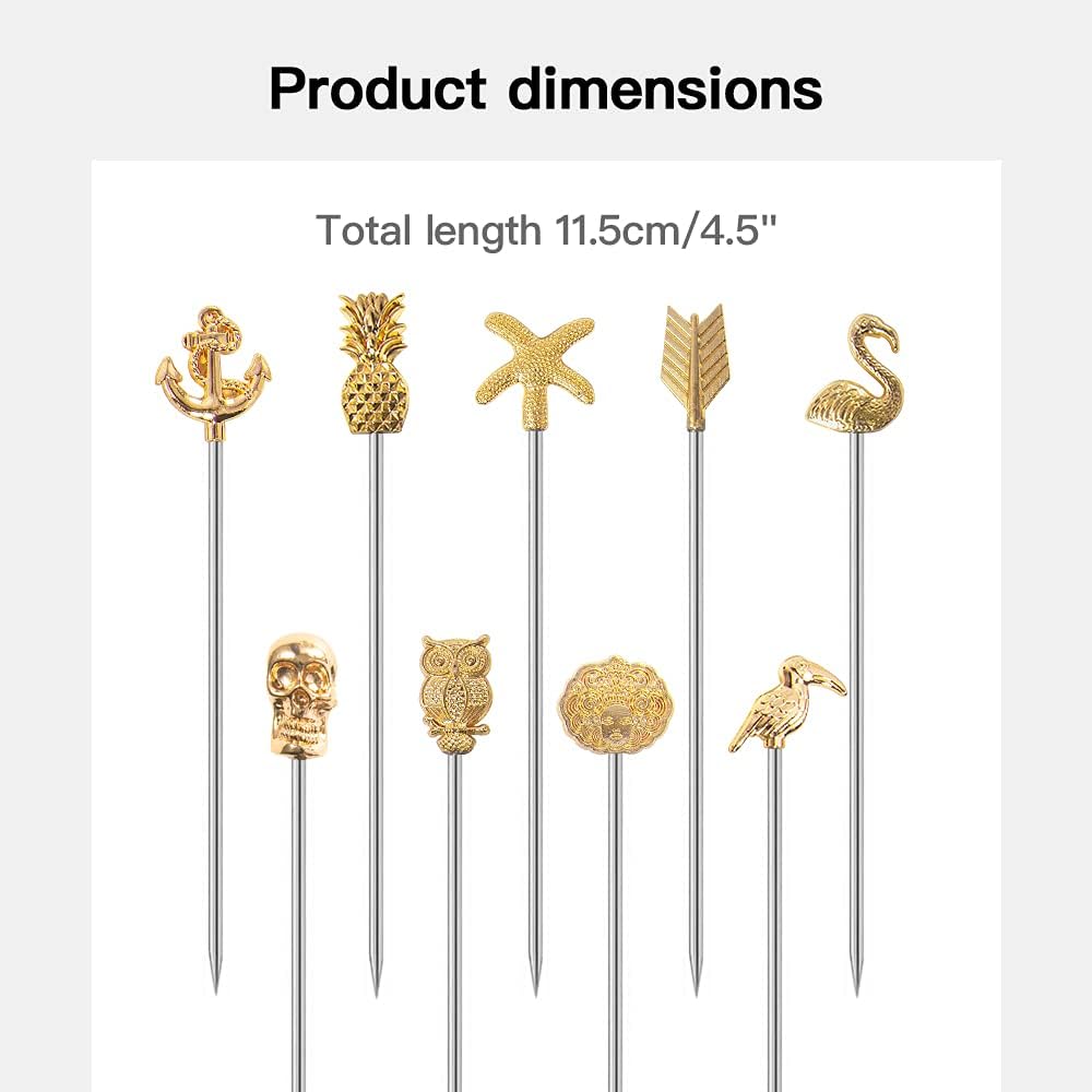 Martini Cocktail Picks Reusable Olive Picks Garnish Skewer Fruit Toothpicks Set of 9 (Gold)