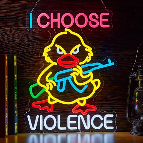 Image of I Choose Violence Duck Neon Sign Goose Gun LED Light AK 47 Decor, USB Powered Dimmable Morale Art Signs for Pub Store Man Cave Room 16.5 X 12.6 inch