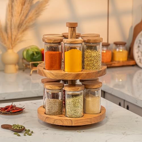 Masara Rotating Spice Rack with 12 Glass Jars & Airtight Acacia W...