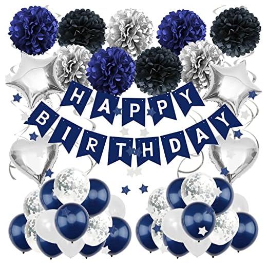 Zerodeco Decoraciones de cumpleaños para hombres, azul marino, decoraciones de fiesta de cumpleaños, pancarta de feliz cumpleaños, globos para niños, niñas, hombres, mujeres, suministros de decoración