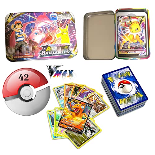 Cartas Poke en Español y con Caja Metálica De La Nueva Temporada Astros Brillantes Incluye 42 Cartas Coleccionables VMAX y V Juego de Cromos De Alta Potencia y Calidad Cover
