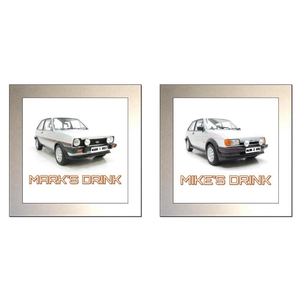 Personalised Classic Car Glass Drinks Coaster for FORD FIESTA XR2 Enthusiasts (TWO DESIGNS - XR2 MARK 1 or XR2 MARK 2)