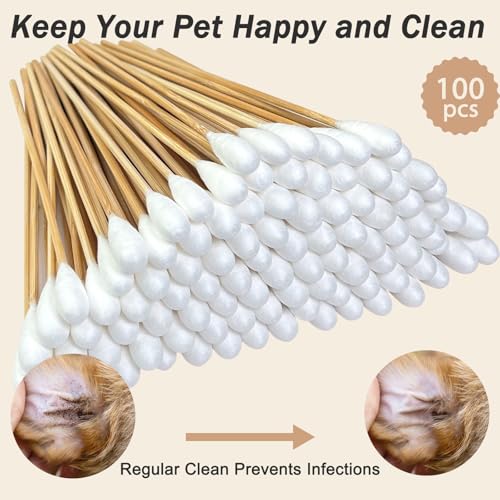 100 Pcs Large Cotton Swabs for Pet Care, 6 Inch Long Cotton Swabs with Bamboo Handle, Professional Dog Ear Swabs, Absorbency Big Cotton Tips, Pet Cleaning Solution Supplies