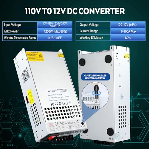 Image of VAYALT DC 12V 100A 1200W Switching Power Supply, 110V /220 V Power Supply AC to DC Converter, Universal Regulated Switching,12V Power Supply for CCTV Camera System,3D Printer,Led Strip,Computer Project