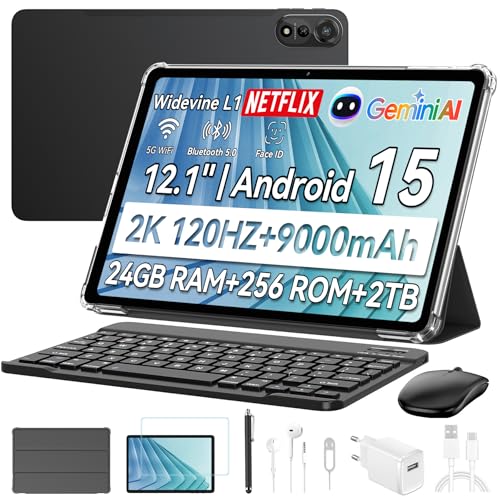 Blackview Tablet 12 Pulgadas con Teclado y Lapiz, 2K FHD+ Tablet Android 15, 18GB RAM 256GB ROM, Tablets con Tarjeta SIM 4G, 9000mAh, Protección Ocular, WideVineL1/ Ratón/Lápiz óptico/GPS/Face ID