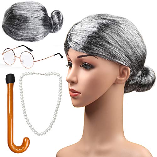 Ensemble de 9 pièces déguisement vieille femme, bonnet perruque grand-mère, collier fausses