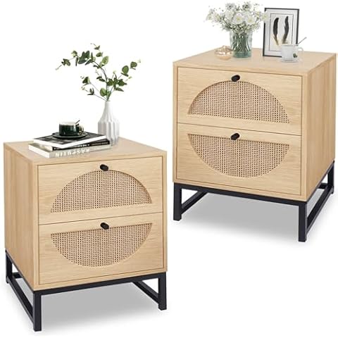 AWQM Rattan Nightstand Set of 2,Wood Bedside Table Set of 2 with 2 Drawers,Boho Night Stand for Bedroom,End Table Sofa Side Table for Living Room,Beige Cover