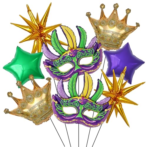 Enanal Mardi Gras Decorations 8pcs Large Size Purple Green and Gold Mask Crown Exploding Star Mylar Balloons for 2026 Mardi Gras Party Supplies Fat Tuesday New Orleans Masquerade Party Decoration