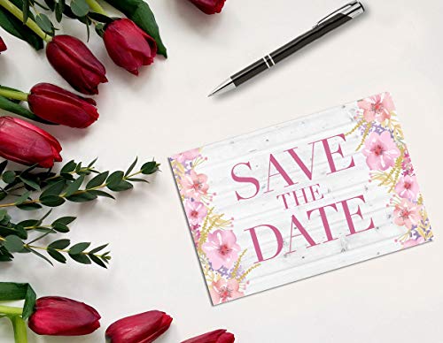 Image of Stonehouse Collection Rustic Pink Floral and Barnwood Save The Date Postcards - 40 4 inch x 6 inch Postcards - Wedding, Baby Shower, Birthdays, Celebration Announcements (Rustic Floral)