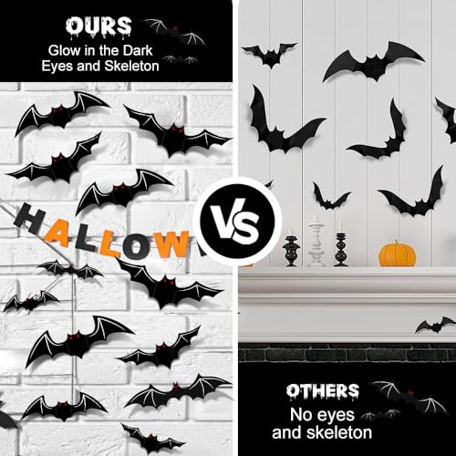 AKEROCK Halloween Decorations - Indoor 3D Bats with Glow in The Dark Eyes & Skeleton, 3 Styles, 3 Sizes Each, Includes 136 Pcs of Tape