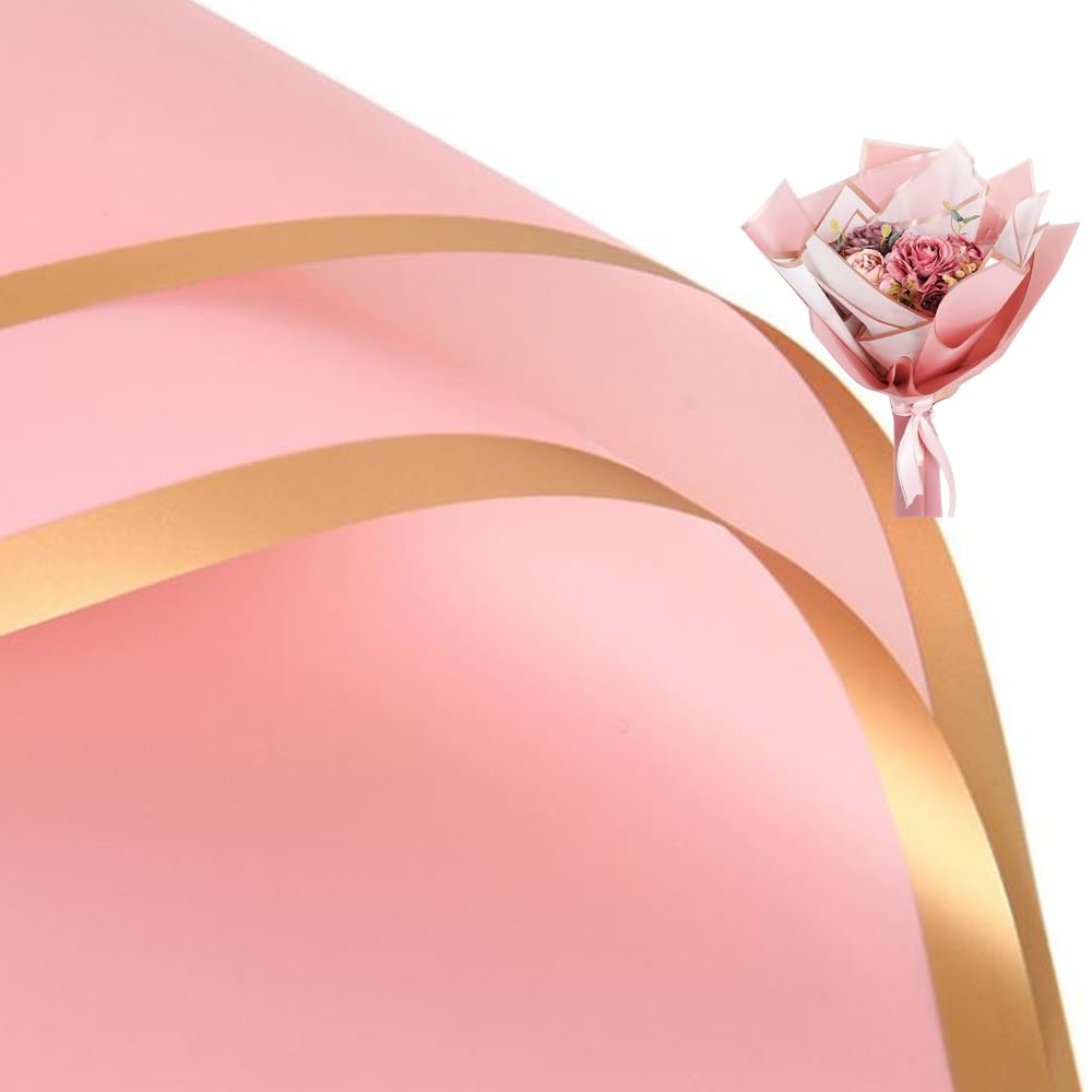 20 Sheets Pure color gold edge Flower Wrapping Paper,Waterproof Valentine's Day Bouquet Wrapping Paper 23x23Inch Used for DIY Crafts, Gift Packaging, Flower Shop Bouquet Packaging (Rose)