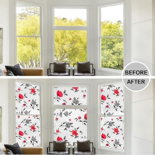 Image of Premium Vinyl Privacy Stained Window Glass Sticker (16x48 Inch) - Self-Adhesive Decorative Sticker Opaque Tint Wallpaper for Glass Cover Window, Door, Office, Home.| Anti-UV. Red Black Flowers