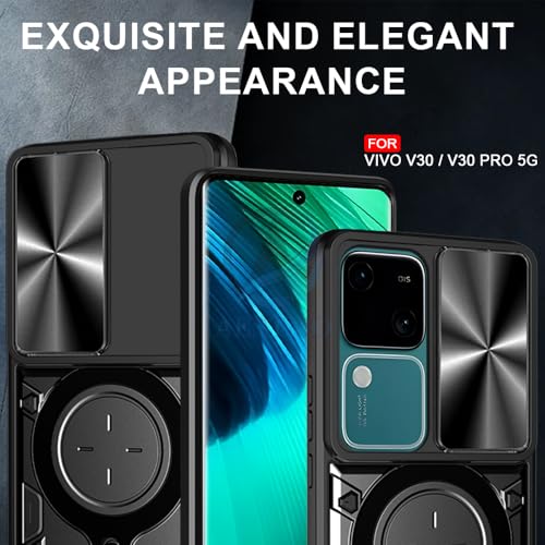 Image of AESTMO Armor Vivo V30 / V30 Pro 5G Bumper Back Case Cover | Ring Holder & CD Pattern Sliding Camera Shutter Cover | 360 Degree Protection Back Case Cover for Vivo V30 / V30 Pro 5G (Black)