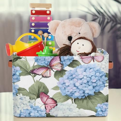 Image of Blue Hydrangea Flowers Storage Baskets for Organizing, Fabric Collapsible Storage Bins Box Pink Butterfly Decorative Toy Organizer Baskets for Closet Shelves Gift Basket 1 Pc