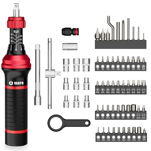 VANPO Torque Screwdriver, 10-60 in.lb, 64 Pcs Inch Pound Torque Wrench Screwdriver Set for Maintenance with T-bar Handle, Flat, Hex, Torx, and Phillips Bits, For Tools, Bike Repairing and Mounting