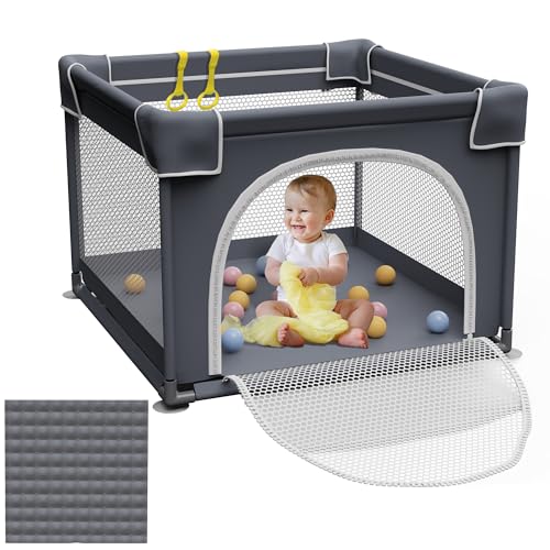 Image of Grobeybees Small Baby Playpen with Mat, 36"x36" Play Pen, Playpen for Babies and Toddlers, Baby Playard, Indoor & Outdoor Play Pen, Sturdy Safety Play Yard with Soft Breathable Mesh (Grey)