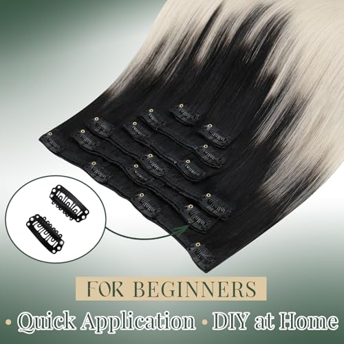Image of Ugeat Blonde Hair Extensions Clip in Ombre 20 Inch 7pcs 120g for Party | Clip in Human Hair Extensions , Natural Black Ombre Platinum Blonde , Hair Clip on Extensions Easy Application