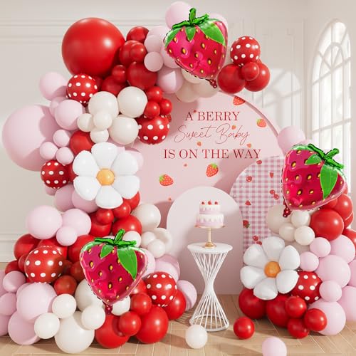 Strawberry Balloon Arch Garland Kit 137 Pcs Pink Red Cream Balloons with Strawberry and Daisy Foil Balloons Sweet Berry First Birthday Decor for Girls Baby Shower Princess Party Decorations