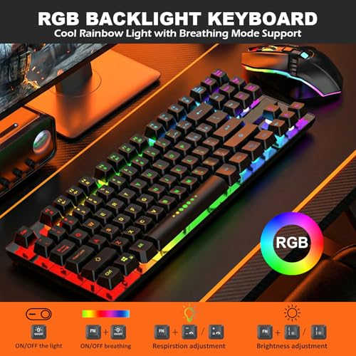 Image of Wireless Gaming Keyboard and Mouse Combo, LED Backlit Rechargeable Battery, Ultra Compact Mechanical Feel Keyboard, RGB Mice for PC Gamer, Business Office, Durable Ergonomic, Wide Compatibility, Black