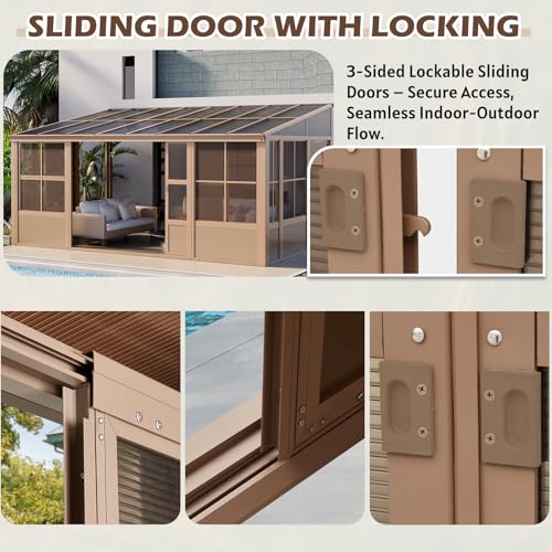 EROMMY 10' x 16' Sunroom, Wall Mounted Gazebo Solarium with Drainage Trough, Polycarbonate Roof, Lean to pergola for Garden, Permanent Sun Room with Lockable Sliding Doors, Brown - Image 7