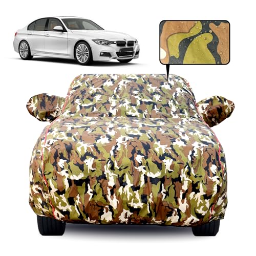 Image of Waterproof Car Body Cover for BMW 3 Series with Mirror Pocket, Soft Cotton Lining, Triple Stitched, Full Bottom Elastic (Heat Resistant Jungle Print with Red Piping)