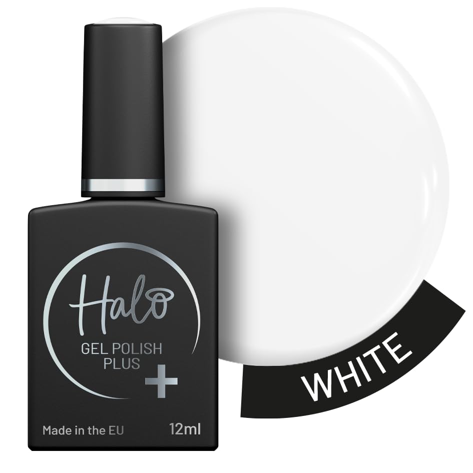 Halo Gel Polish Plus 12ml - White. UV/LED Gel Nail Polish, Long Lasting & Easy To Apply. Nail Art Colours For Manicure & Pedicure. Hema Free Gel Polish For Professional & Home Use.