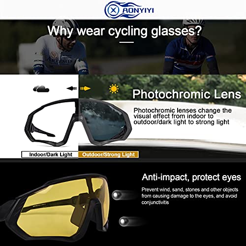 AONYIYI Lunette de Cyclisme Femme Homme Photochromiques Lunette VTT Antireflet Protection Lunettes de Sport Polarisées Adulte 5 Verres UV400 Interchangeables TR90 Cadre Ultraléger pour Vélo Moto - Image 5
