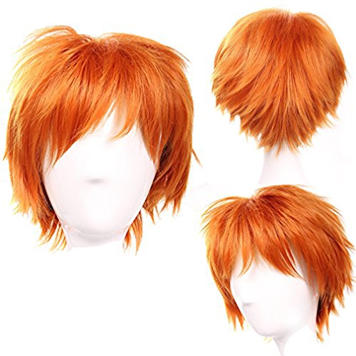 Short Cosplay Synthetic Full Wig with Bangs 20 Styles Anime Layered Fluffy Hair Oblique Fringe Full Head Unisex +Stretchable Elastic Wig Net for Man and Women Girls Lady Fashion (Orange)