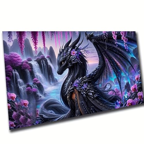 KUFWKEY Black Dragon Mosaic Diamond Paintings,5D DIY Diamond Painting for Adults,Fantasy Animal Diamond Art Kits,Landscape Waterfall Art for Home Decor,Large Size 27.5x15.7inch
