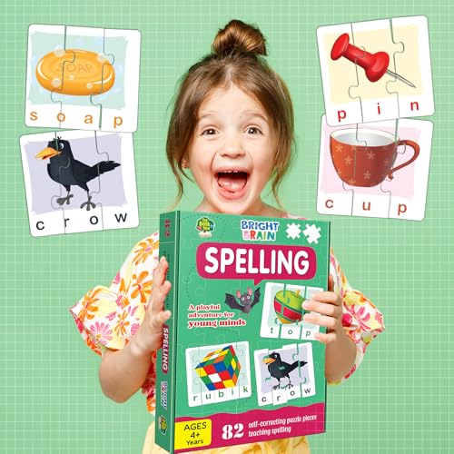 Image of The Book Tree Bright Brain Spellings 82 Piece (20 Sets) Jigsaw Puzzle for Preschoolers, Educational Toy for Learning Space, Gifts for Kids Ages 3 to 6 by Majestic Book Club