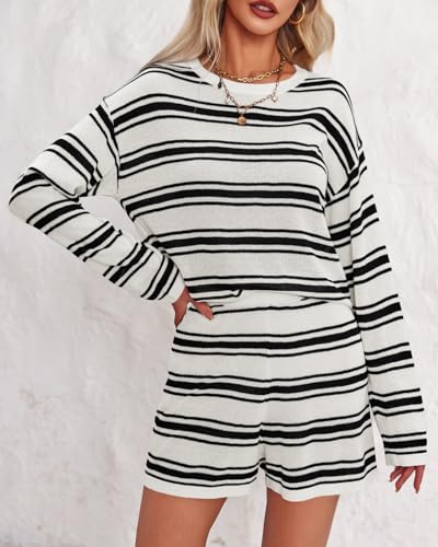 Langwyqu Womens Striped Pajama Sets Long Sleeve Crewneck Sweater Top and Shorts 2 Piece Outfits Lounge Sets3