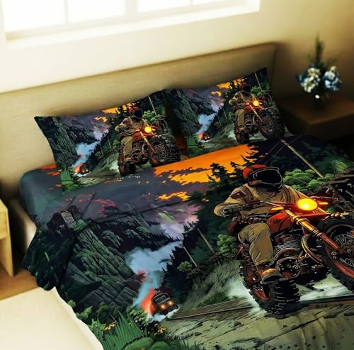 Image of Home Sizzler Adorable 7D Soft Microfiber Double Bedsheet with 2 Pillow Covers - Soft, Breathable, Cool 3D Motorcycle Rider Off-Road Adventure Print