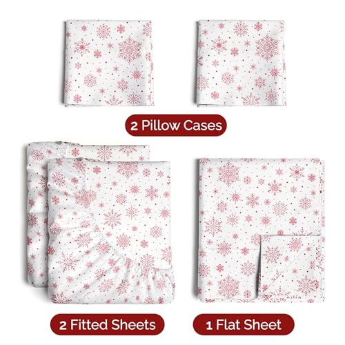 Split King Christmas Red Snowflakes Sheet Set - Holiday Xmas Pattern Bedding Set - Deep Pockets - Snug Fit - 5 Piece - Wrinkle Free - Cozy Festive Winter Holiday Sheets for Women, Men, Kids & Teens