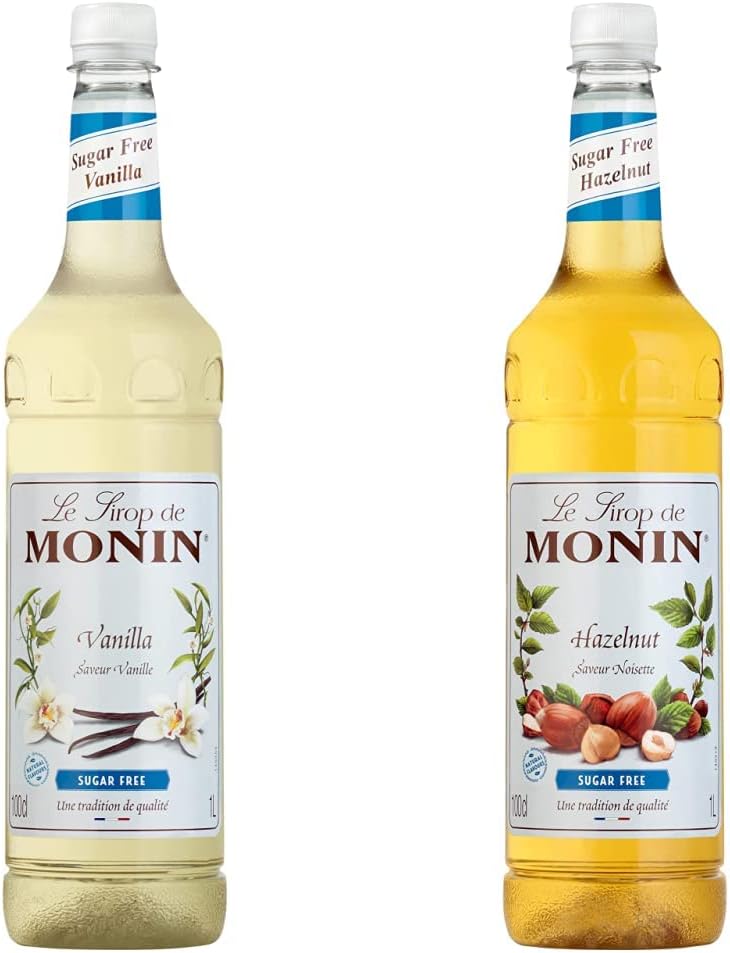 MONIN Premium Vanilla Sugar Free Syrup 1L & Premium Hazelnut Sugar Free Syrup 1L
