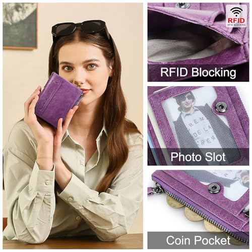 Image of CONTACTS Soft Leather Wallet for Women Small Bifold Coin Purse Double Zipper Card Holder with RFID Blocking (Purple)