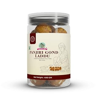 Panjiri Gond Laddu – Traditional Indian Sweet Homemade Healthy Mithai, Refined Sugar Free with Dhaga Mishri, Wheat Flour, Gond, Desi Ghee, Almonds & Cashews | Energy Booster, Bone Strength & Immunity Support Nutritious Snack(400 gm)