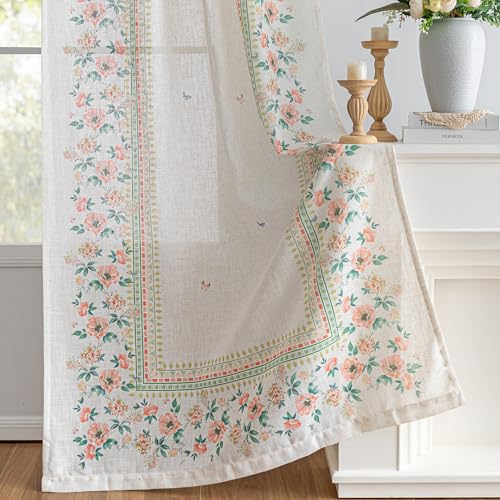 Image of MYSKY HOME Boho Floral Curtains Semi Sheer Linen Blend Curtain 84 Inches Long for Living Room Bohemian Cottage Style Window Treatments Light Filtering Privacy Back Tab Drapes, 50'', Pink, 2 Pcs
